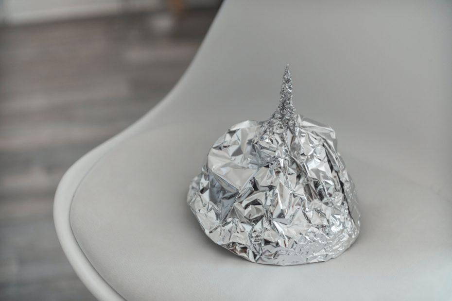Tin foil hat on chair. Image by Tom Radetzki.